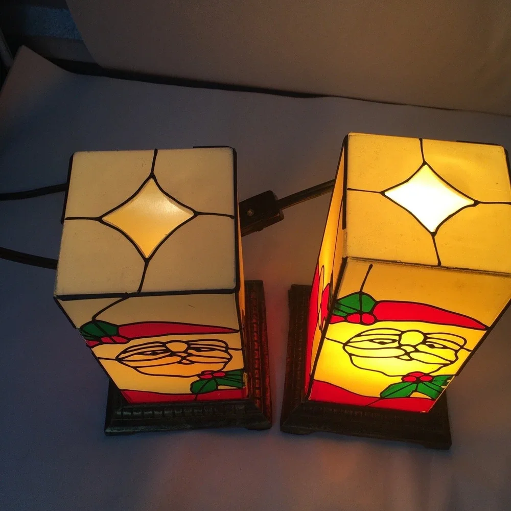 Vtg Christmas Santa Lamps Plastic Stained Glass Look Gold Base Read Description